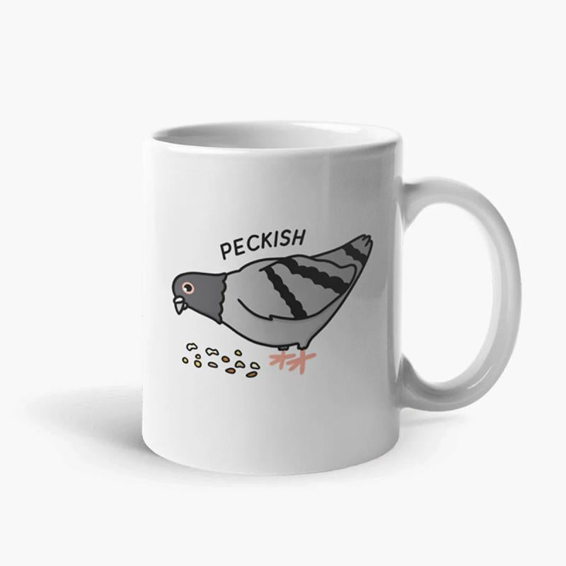 Tailorly White Ceramic 11 oz Mug - Peckish Hand Drawn Cartoon Bird Pecking Small Grains At The Floor Pigeon