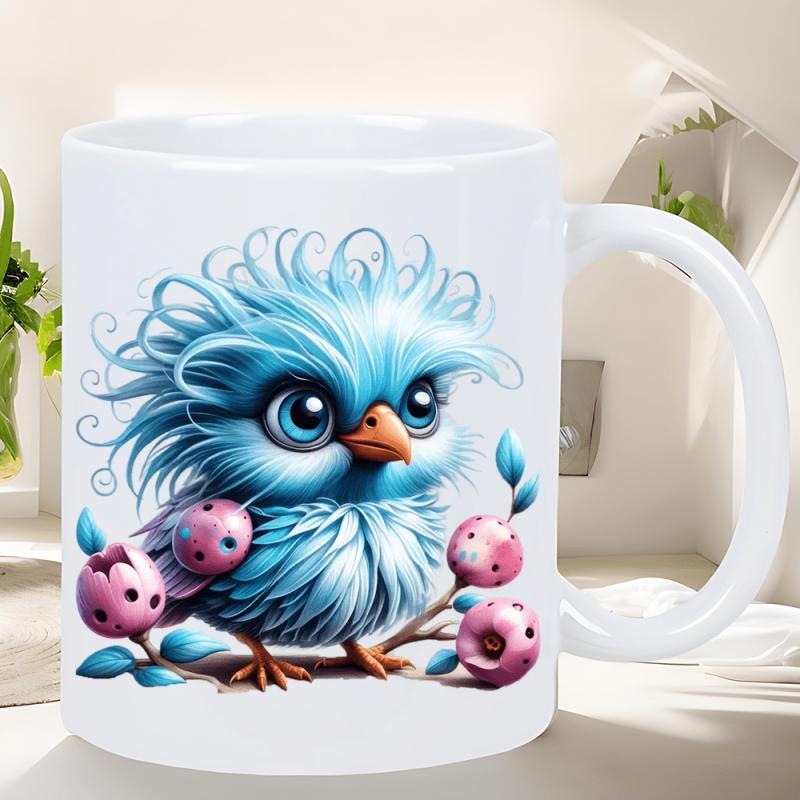 Tailorly White Ceramic 11 oz Mug - Adorable Fluffy Blue Feathers Large Eyes And Whimsical Pink Berries Bird