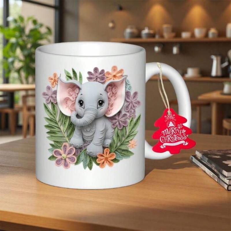 Tailorly White Ceramic 11 oz Mug - Merry Christmas Adorable Baby Elephant Nestled Among Vibrant Flowers And Lush Greenery Elephant