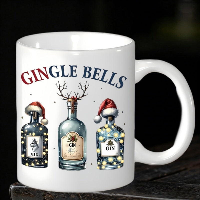 Tailorly White Ceramic 11 oz Mug - Gingle Bells Three Festive Gin Bottles With Reindeer Antlers And Santa Hats Bottle