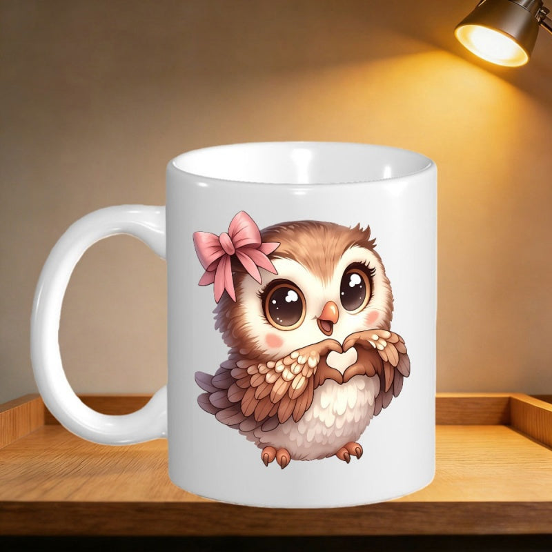 Tailorly White Ceramic 11 oz Mug - Adorable Fluffy Cartoon Animal Wearing Pink Bow Making Heart Gesture Owl