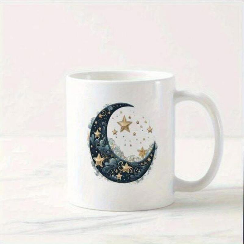 Tailorly White Ceramic 11 oz Mug - Celestial Dark Patterns With Twinkling Golden Stars Across The Night Sky Crescent Moon