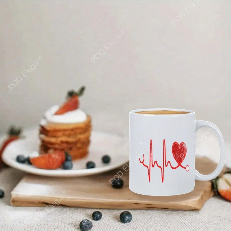 Tailorly White Ceramic 11 oz Mug - Minimalist Red Heartbeat Stethoscope Line Connecting To A Healthcare Themed Heart
