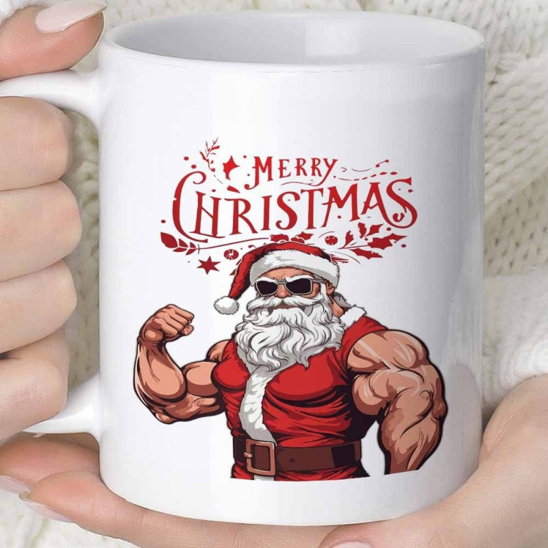 Tailorly White Ceramic 11 oz Mug - Merry Christmas Muscular Santa Flexing His Biceps Wearing Cool Black Sunglasses Santa