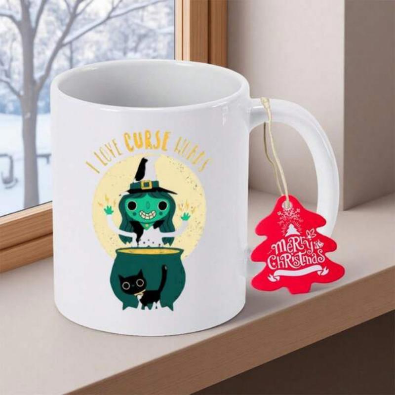Tailorly White Ceramic 11 oz Mug - I Love Curse Cats Cute Green Monster Stirring Magic Potion Inside Cauldron With Black Cat