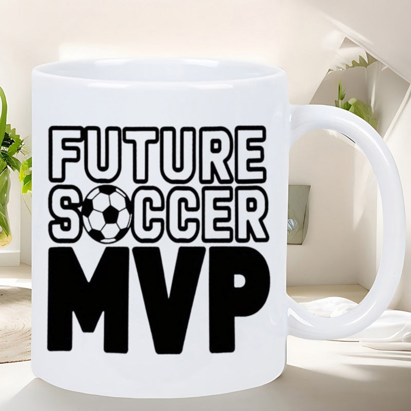 Tailorly White Ceramic 11 oz Mug - Future Soccer MVP Classic Pentagonal Pattern Style Bold Sporty Typography Athletic Design Soccer Ball