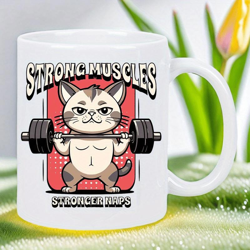 Tailorly White Ceramic 11 oz Mug - Strong Muscles Stronger Naps Muscular Cartoon Kitten Lifting Heavy Weight Barbell Against Red Background Cat