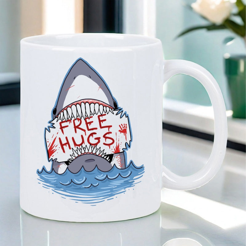 Tailorly White Ceramic 11 oz Mug - Free Hugs Ferocious Great White Emerging From Blue Waves Holding Bloody Sign Shark