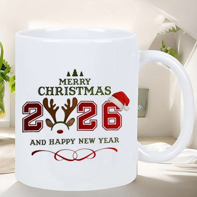 Tailorly White Ceramic 11 oz Mug - Merry Christmas And Happy New Year 2026 Reindeer Antlers Wearing Santa Hat Above Decorative Red Elegant Swirls Reindeer