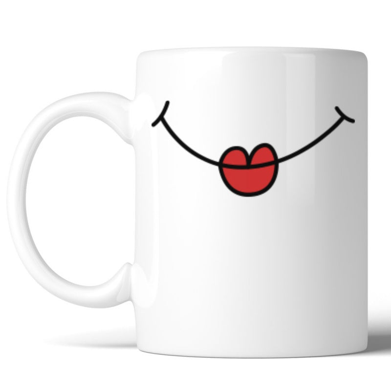 Tailorly White Ceramic 11 oz Mug - Minimalist Black Curved Line Forming A Joyful Smile With Small Red Lips Smile