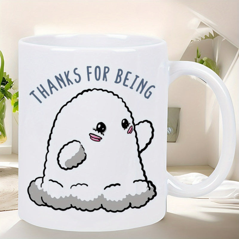Tailorly White Ceramic 11 oz Mug - Thanks For Being Fluffy White Cartoon Character Waving Its Hand Above A Soft Cloud Ghost