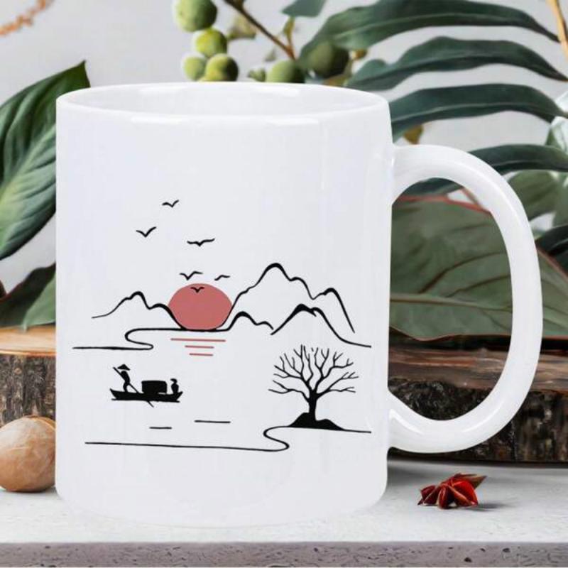 Tailorly White Ceramic 11 oz Mug - Minimalist Ink Style Zen Scenery With Red Sun And Rowing Boat Landscape