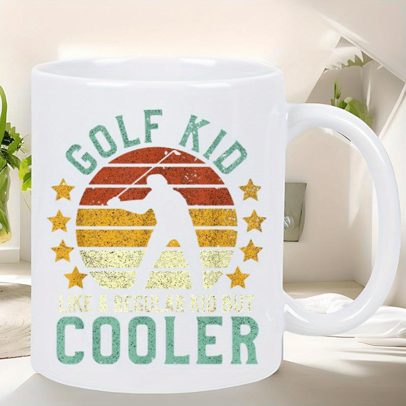 Tailorly White Ceramic 11 oz Mug - Golf Kid Cooler Vintage Retro Sunset Stripes With Stars And Silhouette Swinging Club Golfer