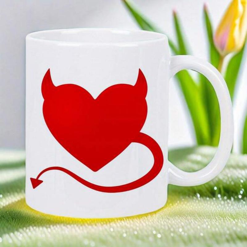 Tailorly White Ceramic 11 oz Mug - Passionate Red Silhouette With Sharp Devil Horns And Pointed Tail Heart