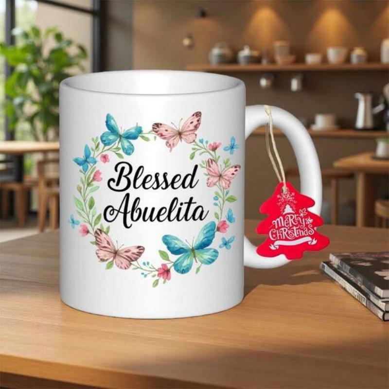 Tailorly White Ceramic 11 oz Mug - Blessed Abuelita Watercolor Butterflies Flying Among Delicate Floral Wreath With Vibrant Spring Leaves Butterfly