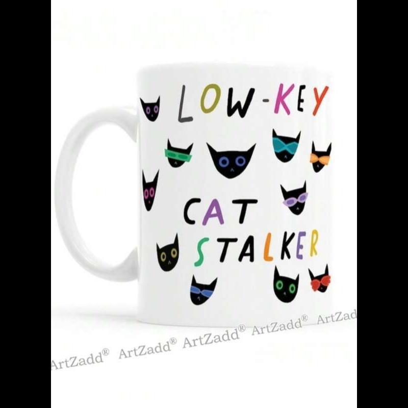 Tailorly White Ceramic 11 oz Mug - Low Key Cat Stalker Playful Minimalist Cartoon Heads Wearing Colorful Masks And Stylish Glasses Cat