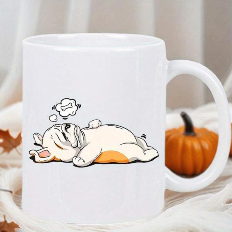 Tailorly White Ceramic 11 oz Mug - Adorable Cartoon Dog Resting Peacefully While Dreaming Of Tasty White French Bulldog