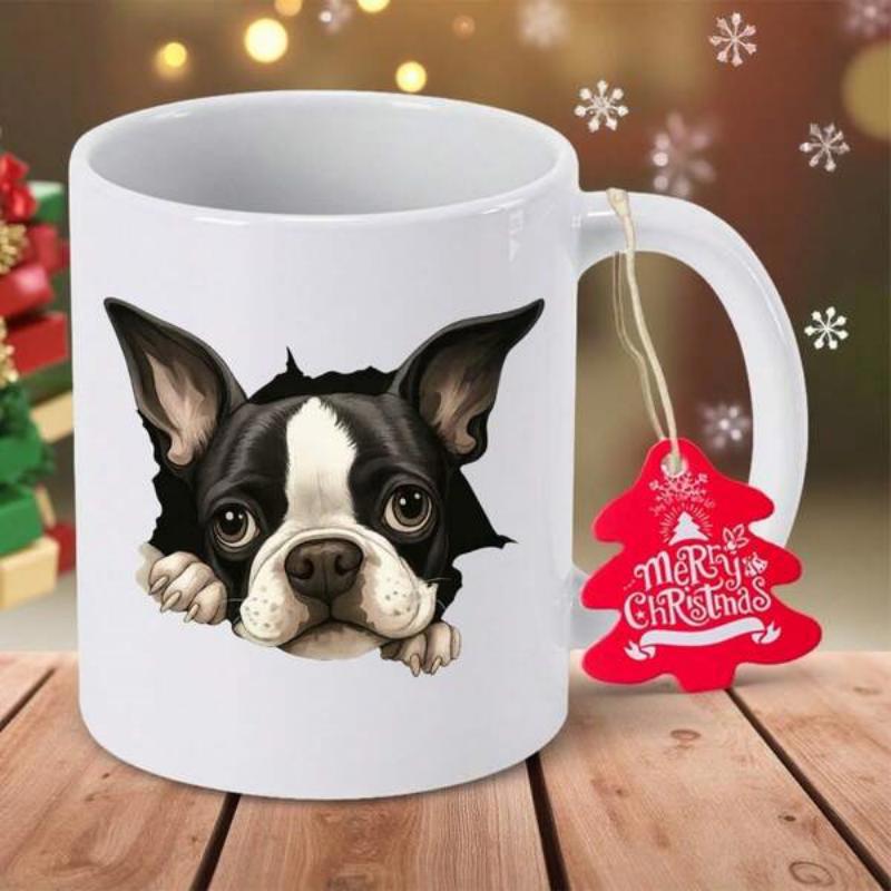 Tailorly White Ceramic 11 oz Mug - Merry Christmas Cute Boston Terrier Peeking Out From A Crack With Large Ears Dog
