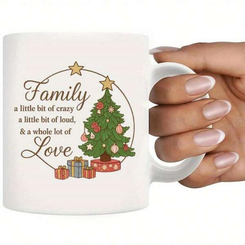 Tailorly White Ceramic 11 oz Mug - Family A Little Bit Of Crazy A Little Bit Of Loud A Whole Lot Of Love Festive Evergreen Decorated With Bright Stars Standing