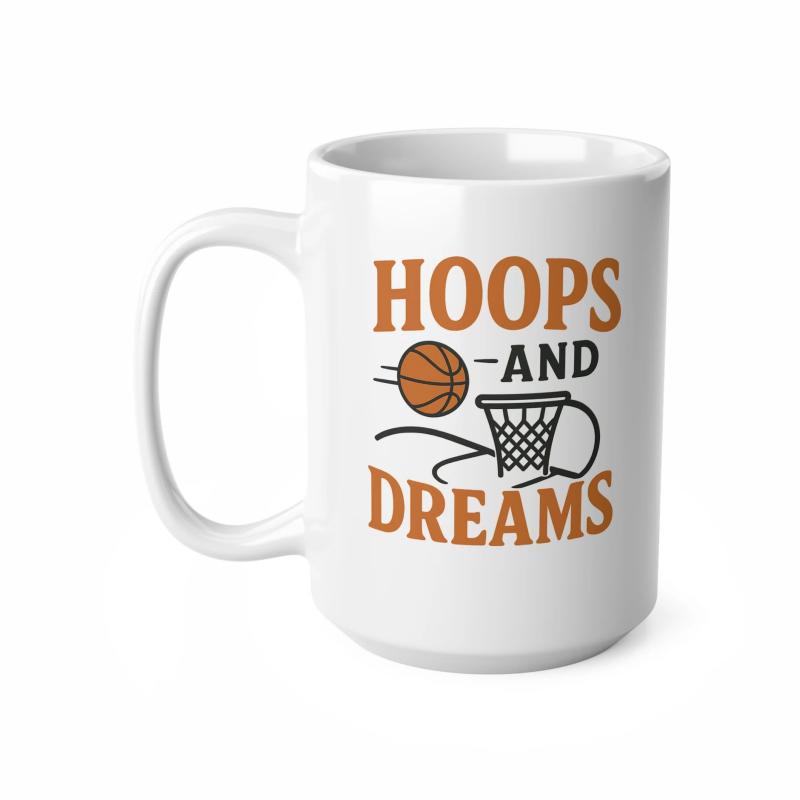 Tailorly White Ceramic 11 oz Mug - Hoops And Dreams Flying Orange Ball Entering Professional Mesh Hoop Basketball