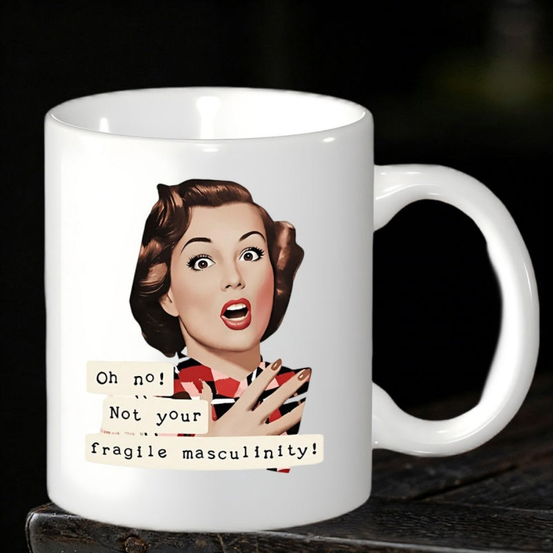 Tailorly White Ceramic 11 oz Mug - Oh No Not Your Fragile Masculinity Retro Styled Surprised Lady Wearing Red And Black Checkered Shirt Woman