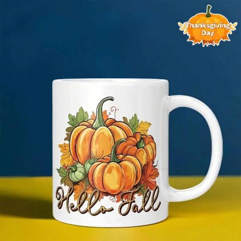 Tailorly White Ceramic 11 oz Mug - Hello Fall Vibrant Autumn Harvest With Colourful Fallen Leaves Surrounding An Orange Pumpkin