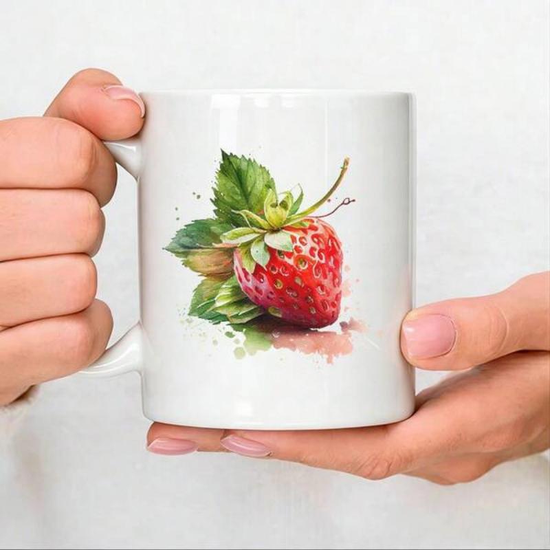 Tailorly White Ceramic 11 oz Mug - Watercolor Painting Of A Ripe Red Fruit With Green Leaves Strawberry