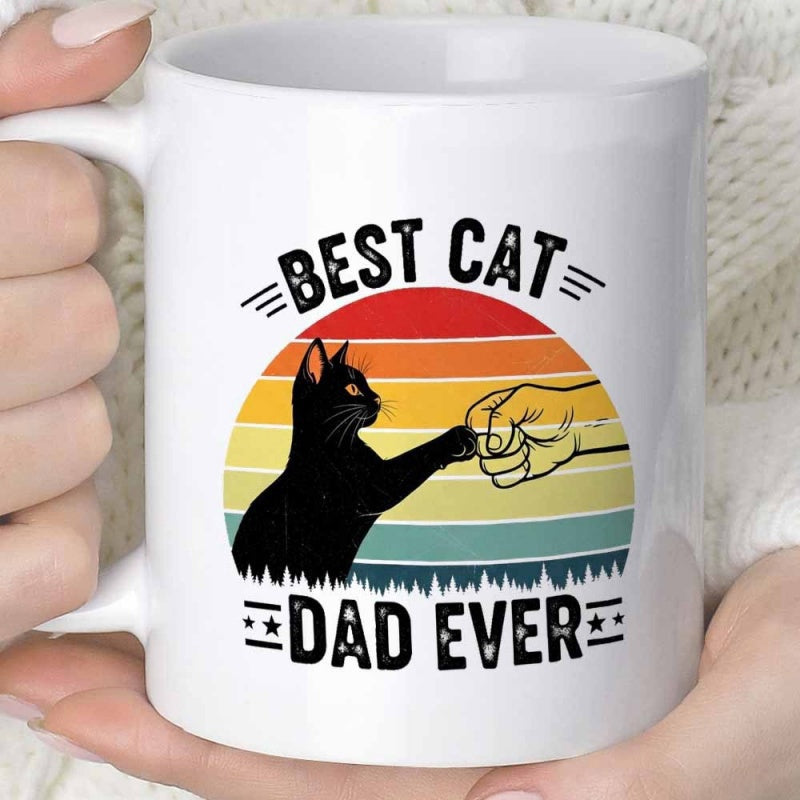 Tailorly White Ceramic 11 oz Mug - Best Cat Dad Ever Vintage Retro Sunset With Human Hand And Silhouette Cat