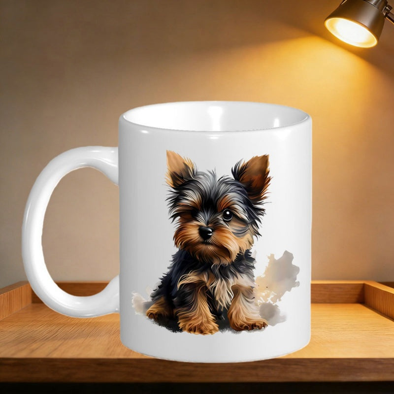Tailorly White Ceramic 11 oz Mug - Realistic Small Fluffy Yorkshire Terrier Puppy Sitting On White Background Dog