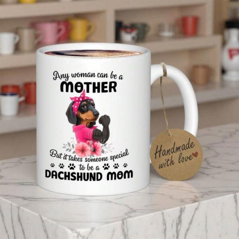 Tailorly White Ceramic 11 oz Mug - Any Woman Can Be A Mother But It Takes Someone Special To Be A Dachshund Mom Muscular Dog Wearing Pink Bandana Among Pink Floral