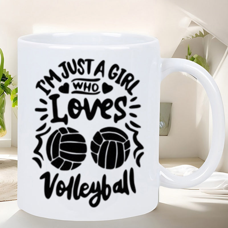 Tailorly White Ceramic 11 oz Mug - Im Just A Girl Who Loves Volleyball Minimalist Artistic Sports Pattern Featuring Decorative Swirls And Small Hearts Volleyball