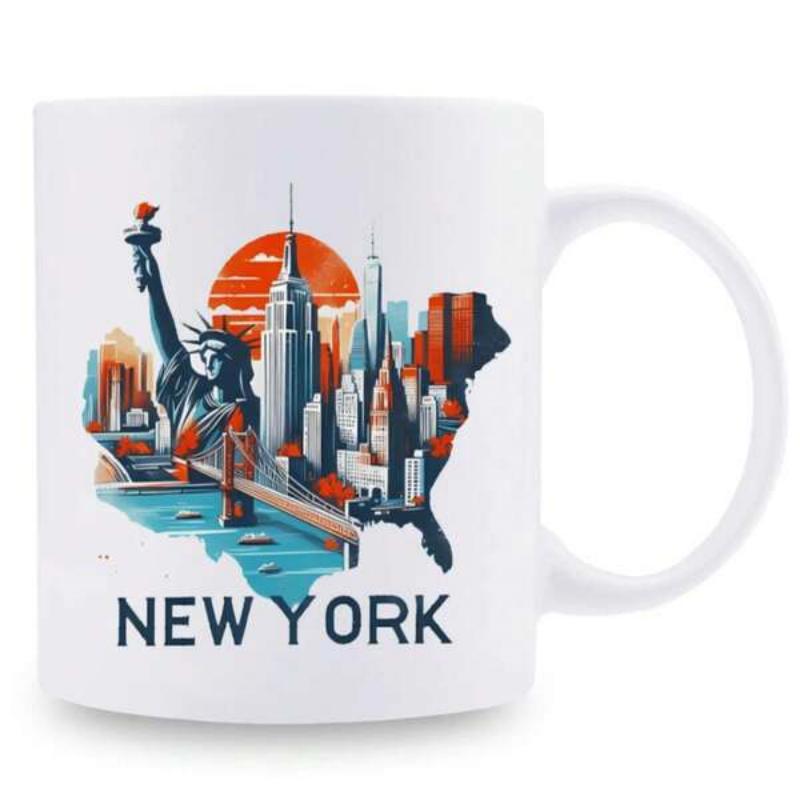Tailorly White Ceramic 11 oz Mug - New York Vibrant Sun Setting Over Iconic City Landmarks Within Map Silhouette Skyline