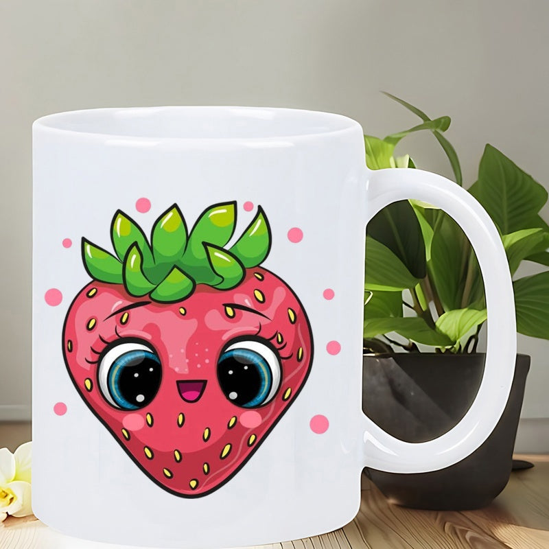 Tailorly White Ceramic 11 oz Mug - Vibrant Red Cartoon Fruit With Big Blue Eyes And Pink Polka Dots Strawberry