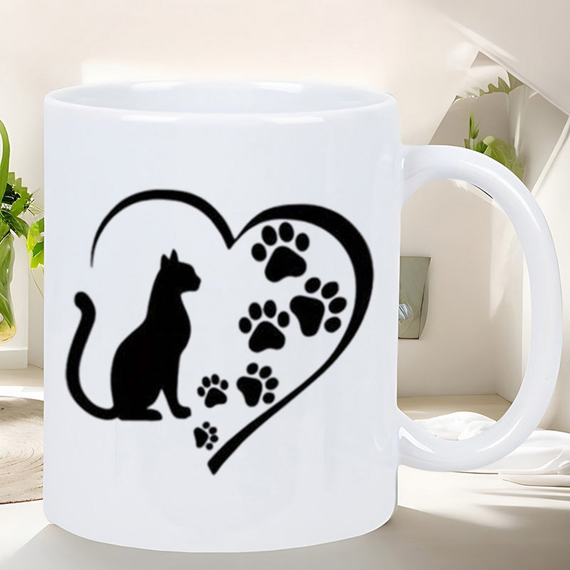 Tailorly White Ceramic 11 oz Mug - Elegant Heart Silhouette Featuring Small Paw Prints And A Sitting Feline Cat