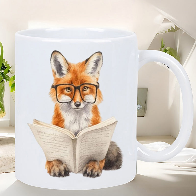 Tailorly White Ceramic 11 oz Mug - Intelligent Red Fox Wearing Black Glasses Reading An Open Old Book Fox