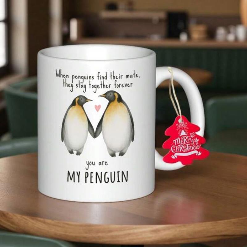 Tailorly White Ceramic 11 oz Mug - When Penguins Find Their Mate They Stay Together Forever You Are My Penguin Two Emperor Penguins Holding Flippers With A Pink