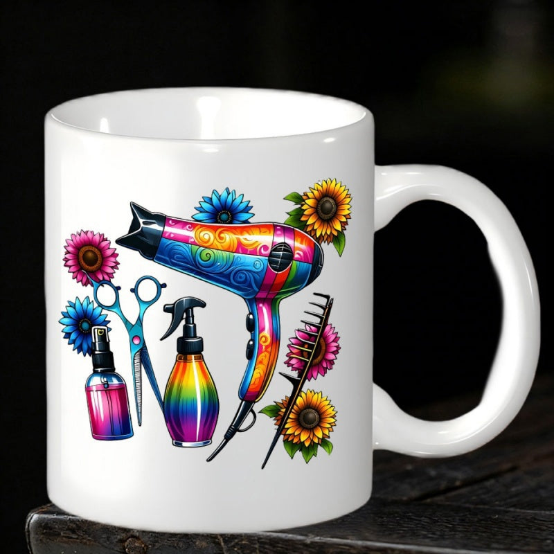 Tailorly White Ceramic 11 oz Mug - Rainbow Colored Hairdressing Accessories With Floral Sunflowers And Professional Salon Tools Hairdryer