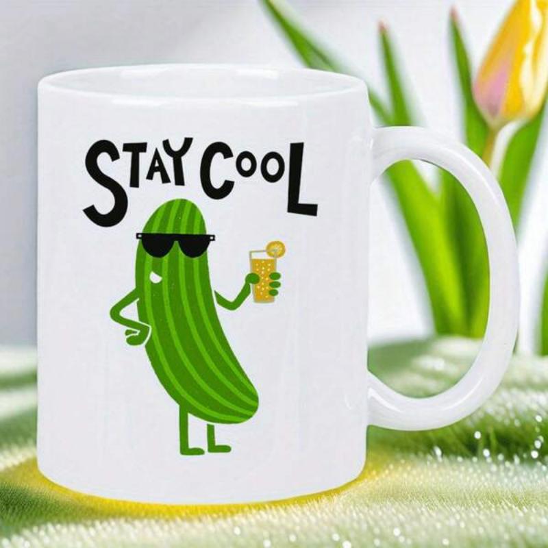 Tailorly White Ceramic 11 oz Mug - Stay Cool Fun Green Cartoon Vegetable Wearing Dark Sunglasses Holding Refreshing Drink Cucumber