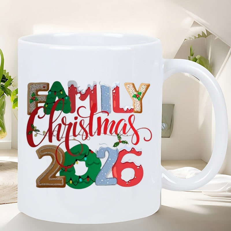 Tailorly White Ceramic 11 oz Mug - Family Christmas 2026 Festive Ginger Cookies With Wreath And Snow Caps Typography