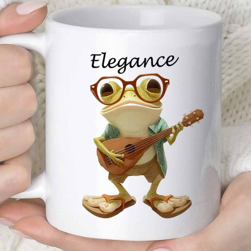 Tailorly White Ceramic 11 oz Mug - Elegance Adorable Cartoon Frog Wearing Red Glasses Playing A Small Ukulele Frog