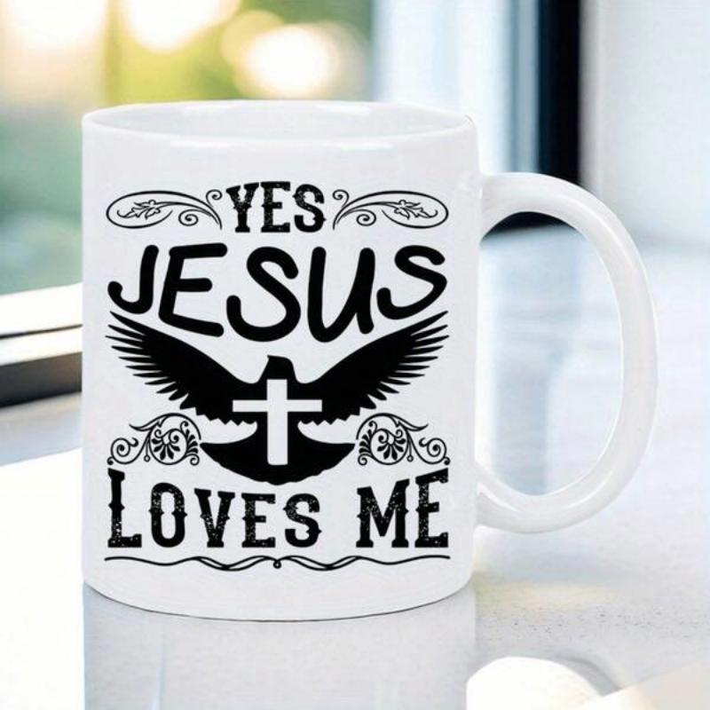 Tailorly White Ceramic 11 oz Mug - Yes Jesus Loves Me Majestic Spreading Wings With Sacred Cross Inside Flying Graceful Religious Swirls Bird