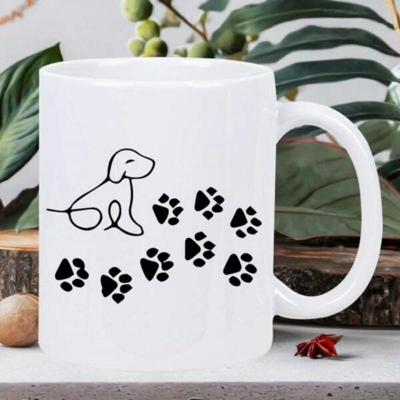 Tailorly White Ceramic 11 oz Mug - Minimalist Line Art Drawing Of Sitting Puppy With Trailing Black Paw Prints Dog