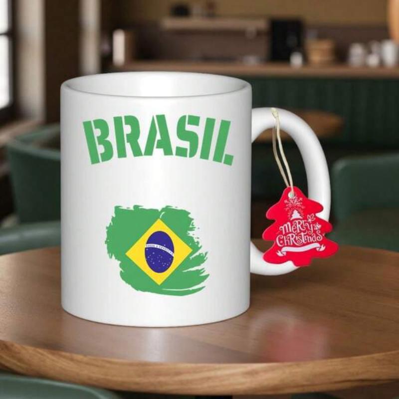 Tailorly White Ceramic 11 oz Mug - Brasil Vibrant Green Brush Stroke Paint Effect Displaying National Symbol Flag