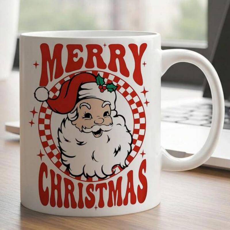Tailorly White Ceramic 11 oz Mug - Merry Christmas Vintage Retro Illustration In Checkered Circle Surrounded By Sparkling Stars Santa