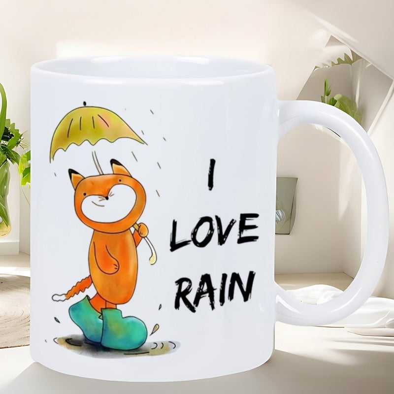 Tailorly White Ceramic 11 oz Mug - I Love Rain Hand Drawn Whimsical Character Holding Yellow Umbrella Amid Falling Rain Fox