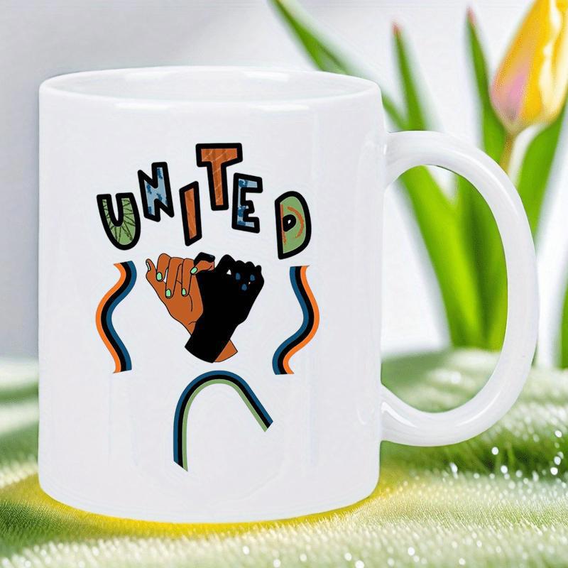 Tailorly White Ceramic 11 oz Mug - United Diverse Clenched Fists Interlocking Surrounded By Earthy Colored Wavy Elements Fist