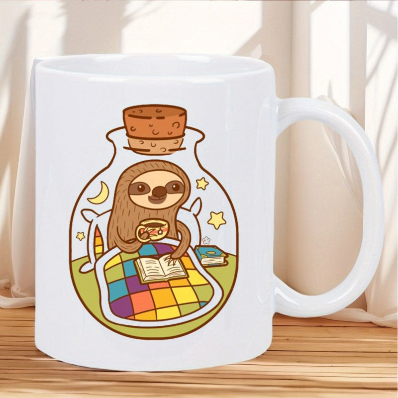Tailorly White Ceramic 11 oz Mug - Adorable Illustration Of Sleepy Animal Reading Inside Cozy Glass Jar Sloth