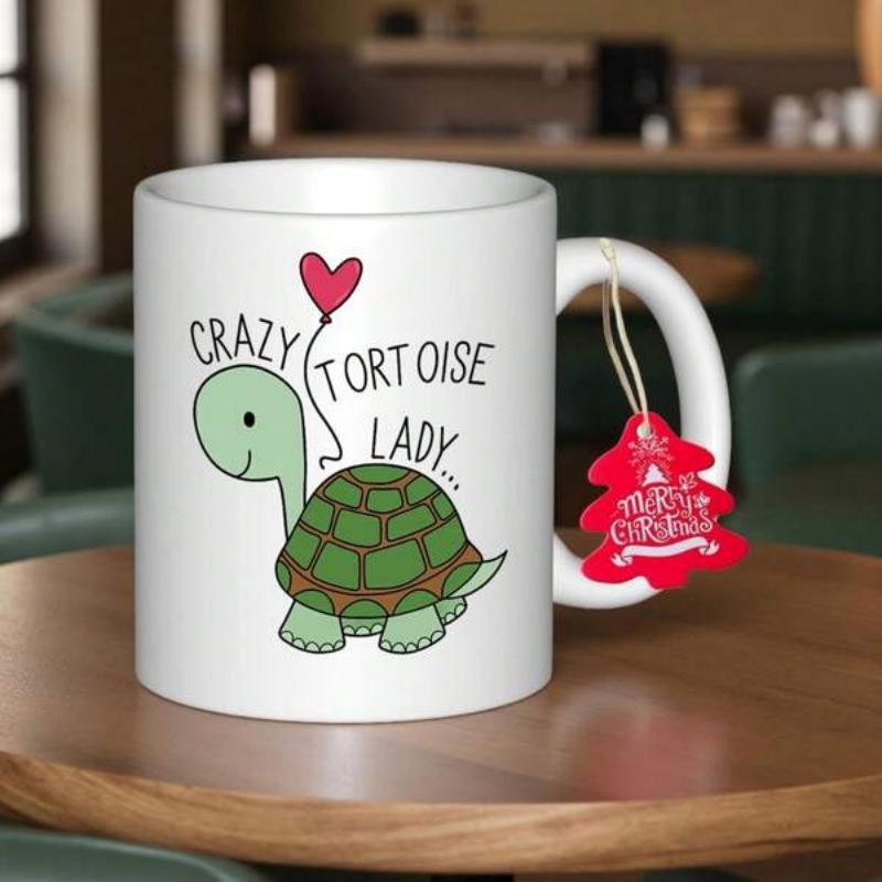 Tailorly White Ceramic 11 oz Mug - Crazy Tortoise Lady Cute Green Cartoon Animal Carrying A Floating Red Heart Balloon Tortoise