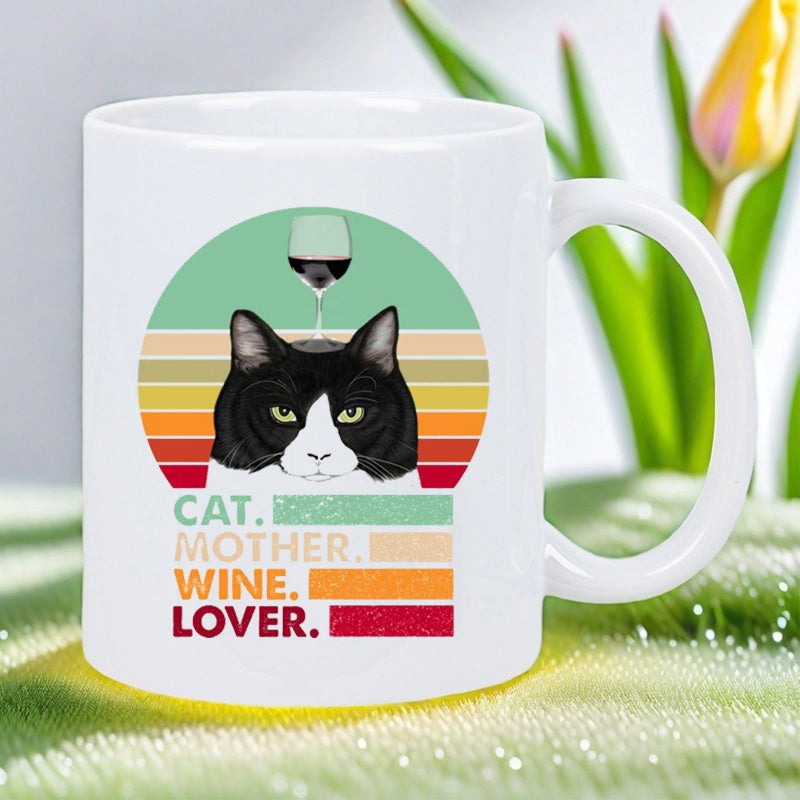 Tailorly White Ceramic 11 oz Mug - Cat Mother Wine Lover Vintage Distressed Retro Sunset With Balanced Red Wine Glass Tuxedo Cat
