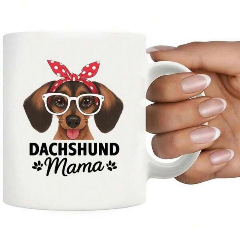 Tailorly White Ceramic 11 oz Mug - Dachshund Mama Adorable Brown Puppy With Glasses And Polka Dot Red Headband Dog